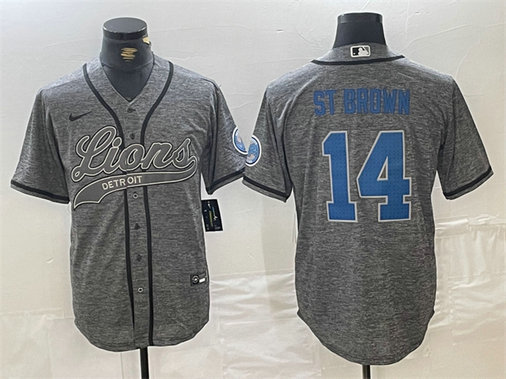 Men's Detroit Lions #14 Amon-Ra St. Brown Grey Cool Base Stitched Baseball Jerseys