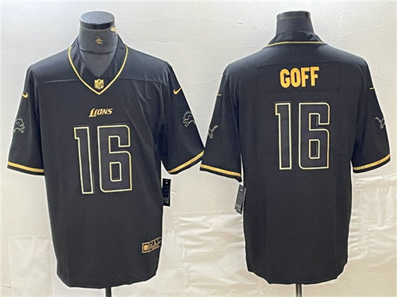 Men's Detroit Lions #16 Jared Goff Black Gold Edition Football Stitched Jersey