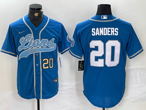 Men's Detroit Lions #20 Barry Sanders Blue Cool Base Stitched Baseball Jersey 11