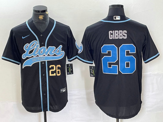 Men's Detroit Lions #26 Jahmyr Gibbs Black Cool Base Stitched Baseball Jersey 1
