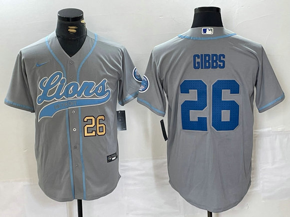 Men's Detroit Lions #26 Jahmyr Gibbs Grey Cool Base Stitched Baseball Jersey 11