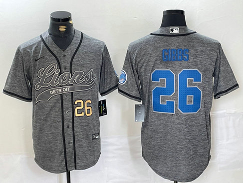 Men's Detroit Lions #26 Jahmyr Gibbs Grey Cool Base Stitched Baseball JerseyS 1