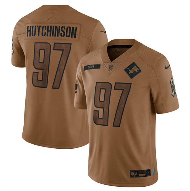 Men's Detroit Lions #97 Aidan Hutchinson 2023 Brown Salute To Service Limited Stitched Jersey