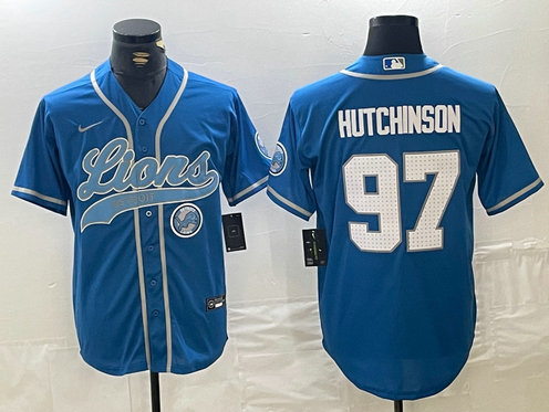 Men's Detroit Lions #97 Aidan Hutchinson Blue Cool Base Stitched Baseball Jersey 1