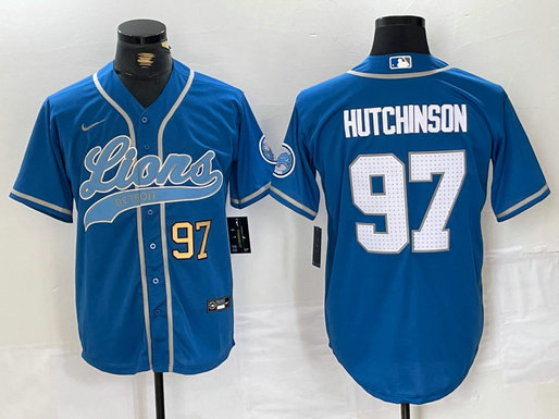 Men's Detroit Lions #97 Aidan Hutchinson Blue Cool Base Stitched Baseball Jersey 11