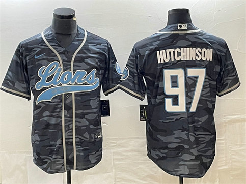Men's Detroit Lions #97 Aidan Hutchinson Grey Camo Cool Base Stitched Baseball Jersey