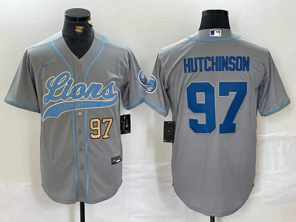 Men's Detroit Lions #97 Aidan Hutchinson Grey Cool Base Stitched Baseball Jersey 1