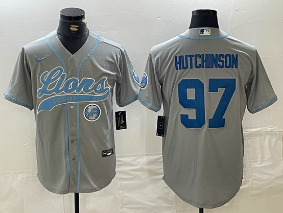 Men's Detroit Lions #97 Aidan Hutchinson Grey Cool Base Stitched Baseball Jersey 2