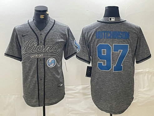 Men's Detroit Lions #97 Aidan Hutchinson Grey Cool Base Stitched Baseball Jersey 3
