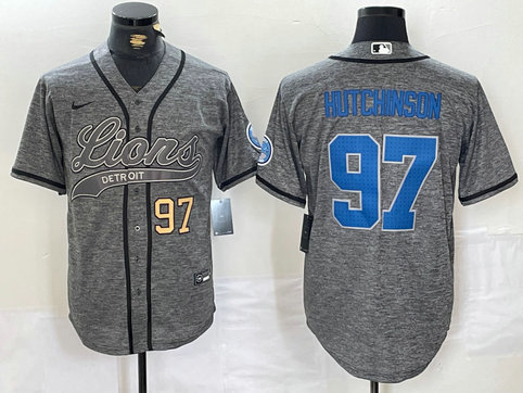 Men's Detroit Lions #97 Aidan Hutchinson Grey Cool Base Stitched Baseball JerseyS 1