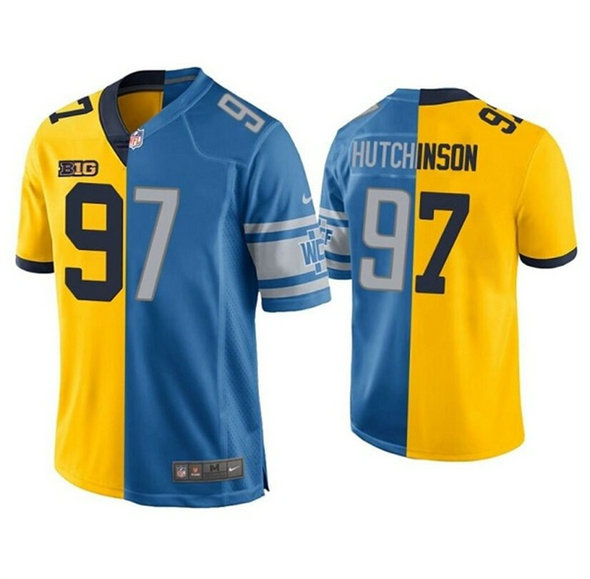 Men's Detroit Lions #97 Aidan Hutchinson Yellow Blue Split Stitched Game Jersey