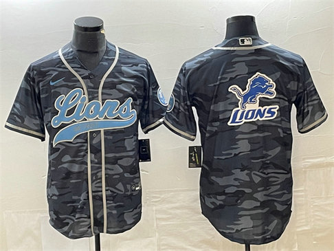 Men's Detroit Lions Grey Camo Team Big Logo Cool Base Stitched Baseball Jersey