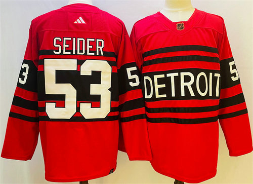 Men's Detroit Red Wings #53 Moritz Seider Red 2022 23 Reverse Retro Stitched Jersey