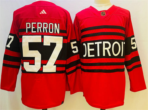 Men's Detroit Red Wings #57 David Perron Red 2022 23 Reverse Retro Stitched Jersey