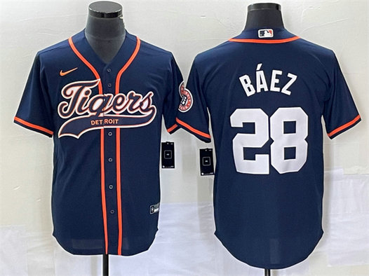 Men's Detroit Tigers #28 Javier Báez Navy Cool Base Stitched Baseball Jersey