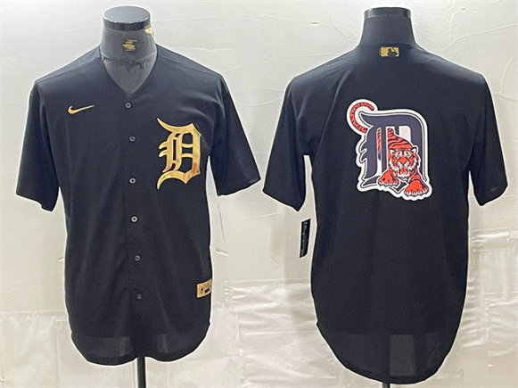 Men's Detroit Tigers Black Team Big Logo Cool Base Stitched Baseball Jersey 3