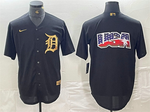 Men's Detroit Tigers Black Team Big Logo Cool Base Stitched Baseball Jersey 5