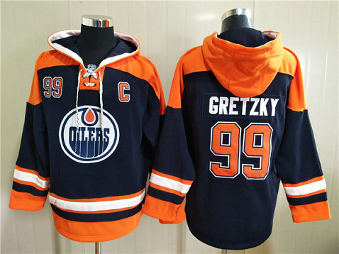 Men's Edmonton Oilers #99 Wayne Gretzky Navy Ageless Must-Have Lace-Up Pullover Hoodie