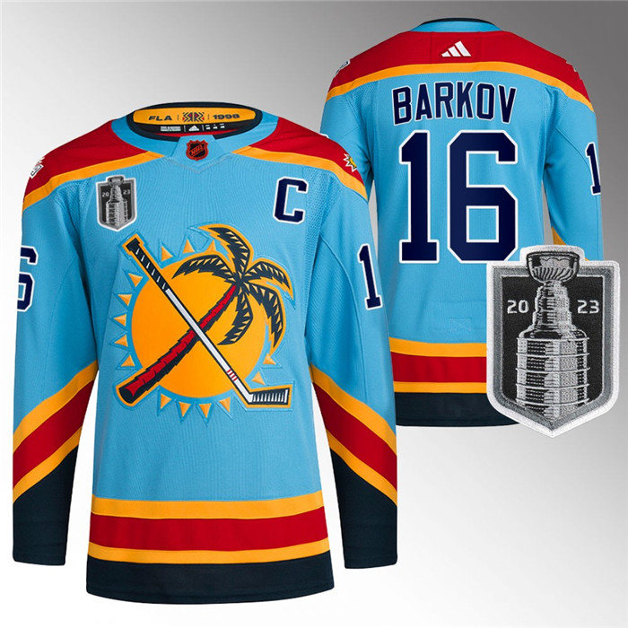 Men's Florida Panthers #16 Aleksander Barkov Blue 2023 Stanley Cup Final Reverse Retro Stitched Jersey