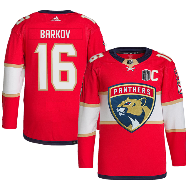 Men's Florida Panthers #16 Aleksander Barkov Red 2024 Stanley Cup Final Patch Stitched Jersey