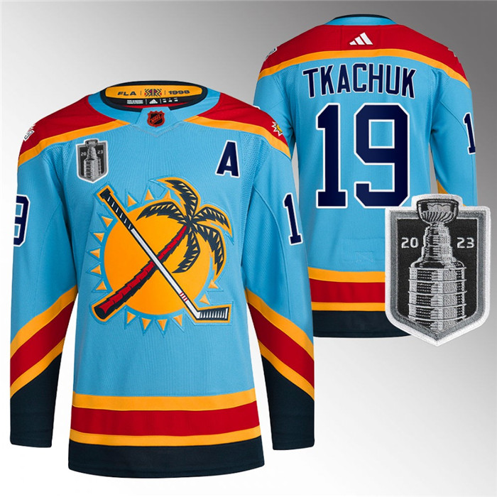 Men's Florida Panthers #19 Matthew Tkachuk Blue 2023 Stanley Cup Final Reverse Retro Stitched Jersey