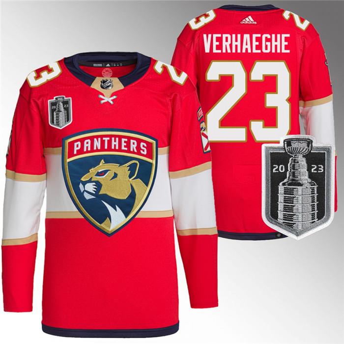 Men's Florida Panthers #23 Carter Verhaeghe Red 2023 Stanley Cup Final Stitched Jersey