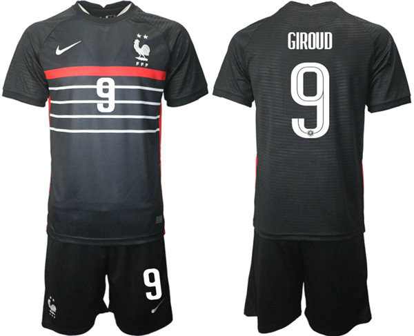 Men's France #9 Giroud Black Home Soccer Jersey Suit