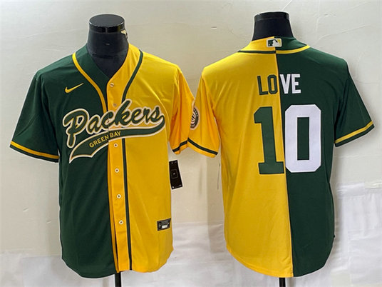 Men's Green Bay Packers #10 Jordan Love Green Gold Split Cool Base Stitched Baseball Jersey