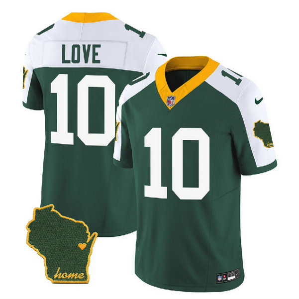 Men's Green Bay Packers #10 Jordan Love Green White 2023 F.U.S.E. Home Patch Vapor Untouchable Limited Stitched Jersey