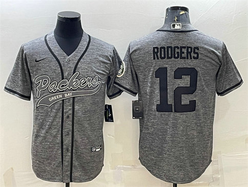 Men's Green Bay Packers #12 Aaron Rodgers Grey With Patch Cool Base Stitched Baseball Jersey