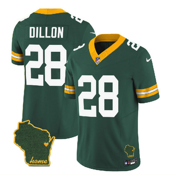 Men's Green Bay Packers #28 A.J. Dillon Green 2023 F.U.S.E. Home Patch Vapor Untouchable Limited Stitched Jersey