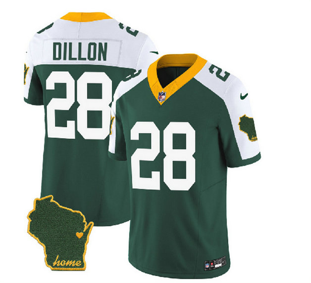 Men's Green Bay Packers #28 A.J. Dillon Green White 2023 F.U.S.E. Home Patch Vapor Untouchable Limited Stitched Jersey