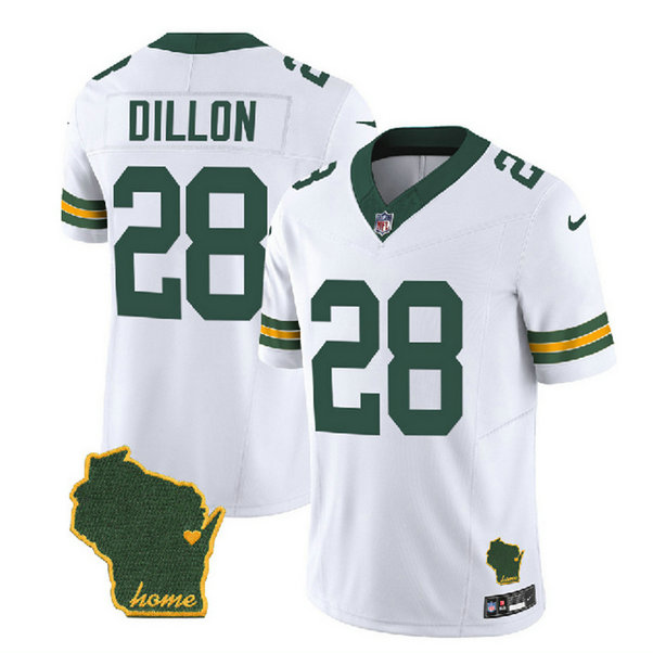 Men's Green Bay Packers #28 A.J. Dillon White 2023 F.U.S.E. Home Patch Vapor Untouchable Limited Stitched Jersey