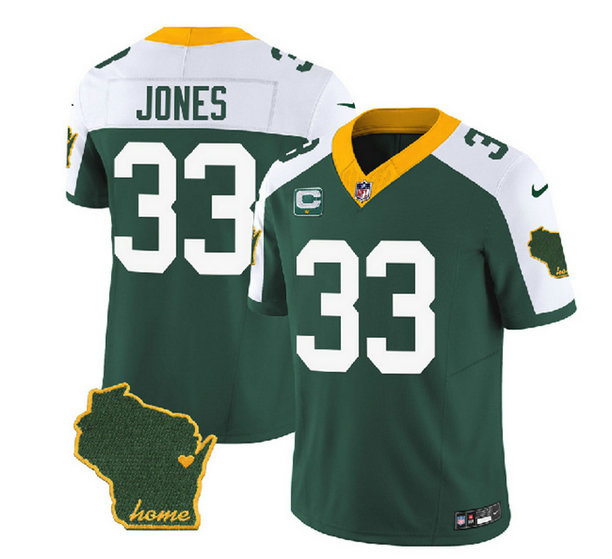 Men's Green Bay Packers #33 Aaron Jones Green White 2023 F.U.S.E. Home Patch And 1-Star C Patch Vapor Untouchable Limited Stitched Jersey