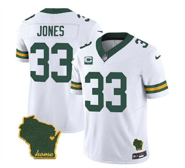 Men's Green Bay Packers #33 Aaron Jones White 2023 F.U.S.E. Home Patch And 1-Star C Patch Vapor Untouchable Limited Stitched Jersey