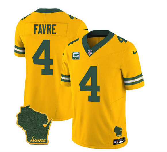 Men's Green Bay Packers #4 Brett Favre Gold 2023 F.U.S.E. Home Patch And 1-Star C Patch Vapor Untouchable Limited Stitched Jersey