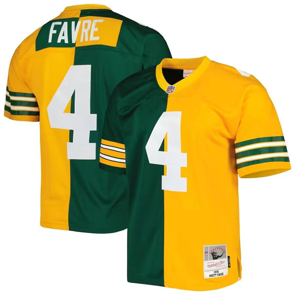 Men's Green Bay Packers #4 Brett Favre Green Gold Mitchell & Ness 1996 Split Stitched Jersey