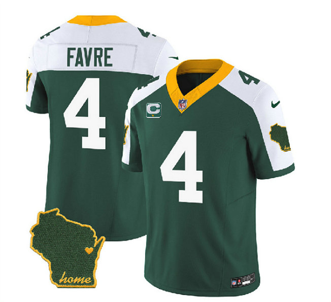Men's Green Bay Packers #4 Brett Favre Green White 2023 F.U.S.E. Home Patch And 1-Star C Patch Vapor Untouchable Limited Stitched Jersey