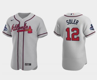 Men's Grey Atlanta Braves #12 Jorge Soler 2021 World Series Champions Flex Base Stitched Jersey