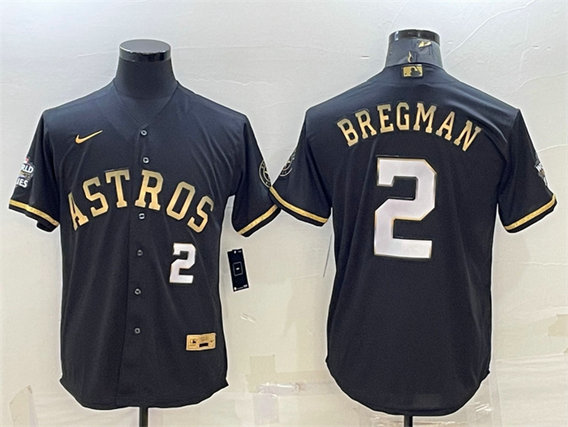 Men's Houston Astros #2 Alex Bregman Black Gold 2022 World Series Stitched Baseball Jersey
