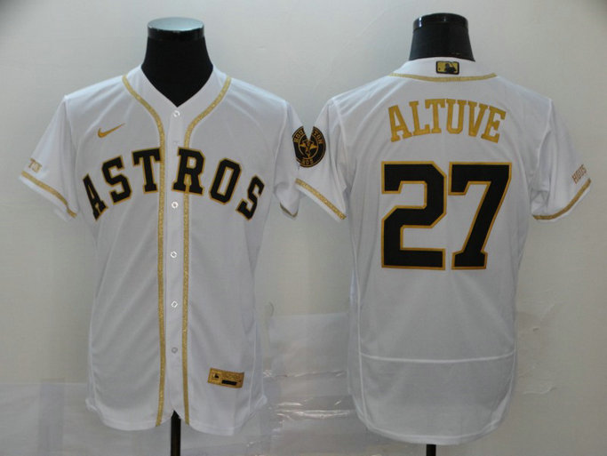 Men's Houston Astros #27 Jose Altuve 2020 White Golden Flex Base Stitched MLB Jersey