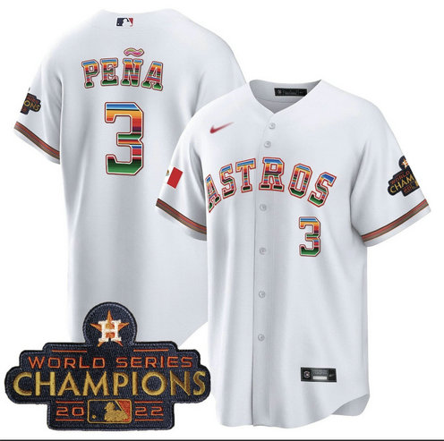 Men's Houston Astros #3 Jeremy Pena 2022 White World Serise Champions Patch Cool Base Jersey