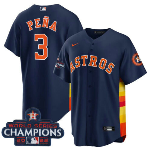 Men's Houston Astros #3 Jeremy Pena Navy 2022 World Series Champions Cool Base Stitched Baseball Jersey