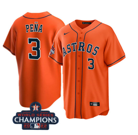 Men's Houston Astros #3 Jeremy Pena Orange 2022 World Series Champions Cool Base With No. In Front Stitched Baseball Jersey