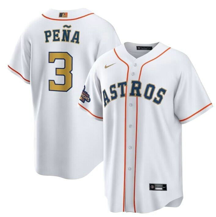 Men's Houston Astros #3 Jeremy Pena White 2023 Gold Collection With World Serise Champions Patch Cool Base Stitched Baseball Jersey