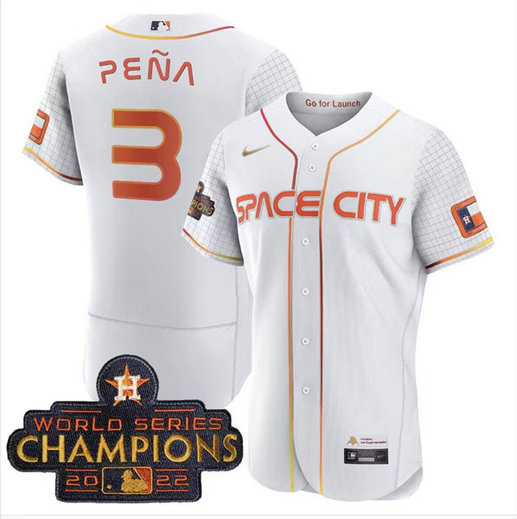 Men's Houston Astros #3 Jeremy Pena White With 2022 World Serise Champions Patch Stitched Baseball Jersey