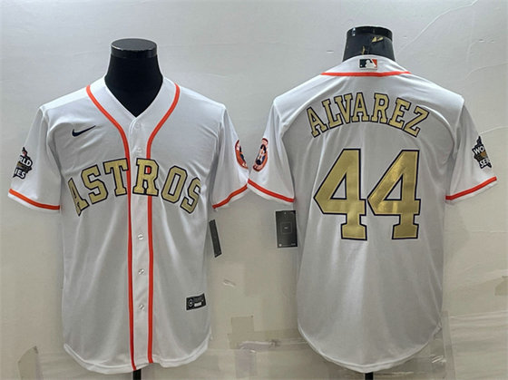 Men's Houston Astros #44 Yordan Alvarez White Gold 2022 World Series Stitched Baseball Jersey