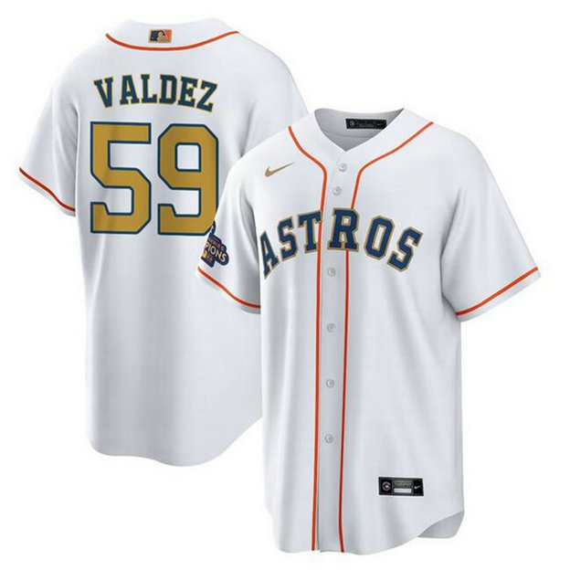Men's Houston Astros #59 Framber Valdez White Gold Cool Base Stitched Baseball Jersey