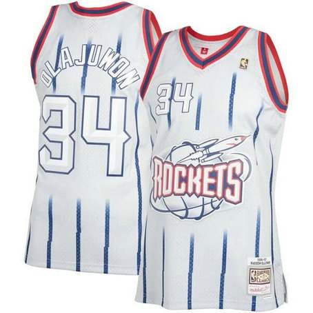 Men's Houston Rockets #34 Hakeem Olajuwon Mitchell & Ness White Classic Stitched Basketball Jersey