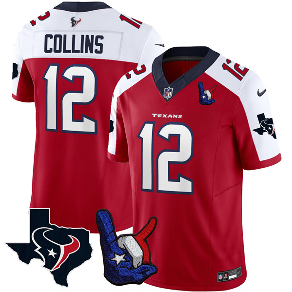 Men's Houston Texans #12 Nico Collins Red White 2023 F.U.S.E. With Hand Sign Throwing Up The H Patch Vapor Untouchable Limited Stitched Football Jersey
